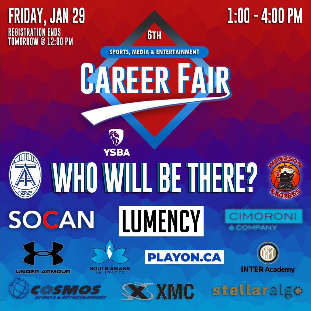 york_sba's tweet photo. YSBA's 6th Annual Sports, Media &amp; Entertainment Career Fair is the BIGGEST event of the year. Taking place this Friday, January 29, from 1:00 PM to 4:00 PM, this is the BEST chance for you to get a head start on your career and #StartYourSeason🏆!

REGISTER NOW! LINK IN BIO https://t.co/1toPJfTdUG
