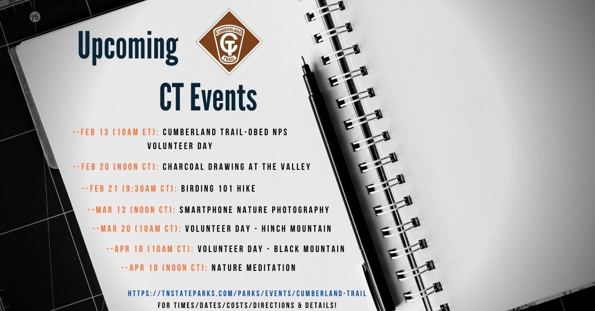 The Cumberland Trail has some programs and volunteer days coming up which will each be posted as Events soon.

For now here is a preview! Learn more at: tnstateparks.com/parks/events/c…