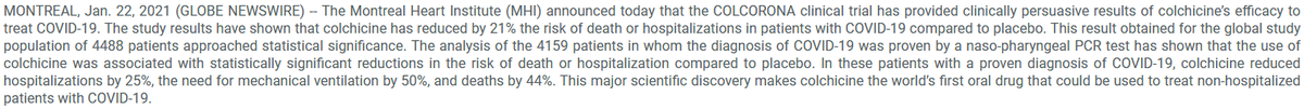 A reminder. Here is the press release that got very wide coverage last week: https://www.globenewswire.com/news-release/2021/01/23/2163109/0/en/Colchicine-reduces-the-risk-of-COVID-19-related-complications.html