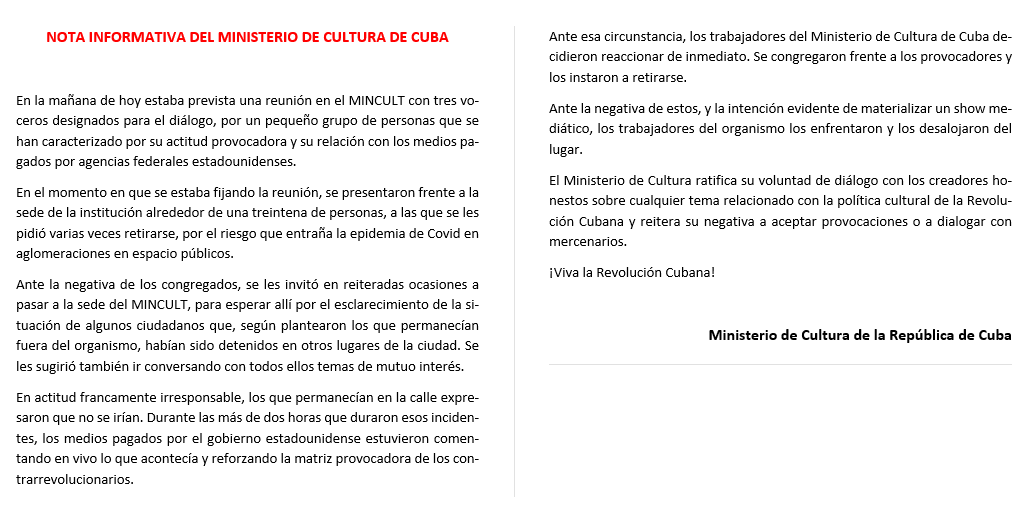 CtroMultimedial's tweet photo. El Ministerio de Cultura ratifica su voluntad de diálogo con los creadores honestos sobre cualquier tema relacionado con la política cultural de la Revolución Cubana y reitera su negativa a aceptar provocaciones o a dialogar con mercenarios. #CubaEsCultura https://t.co/jIUTrYFwB3