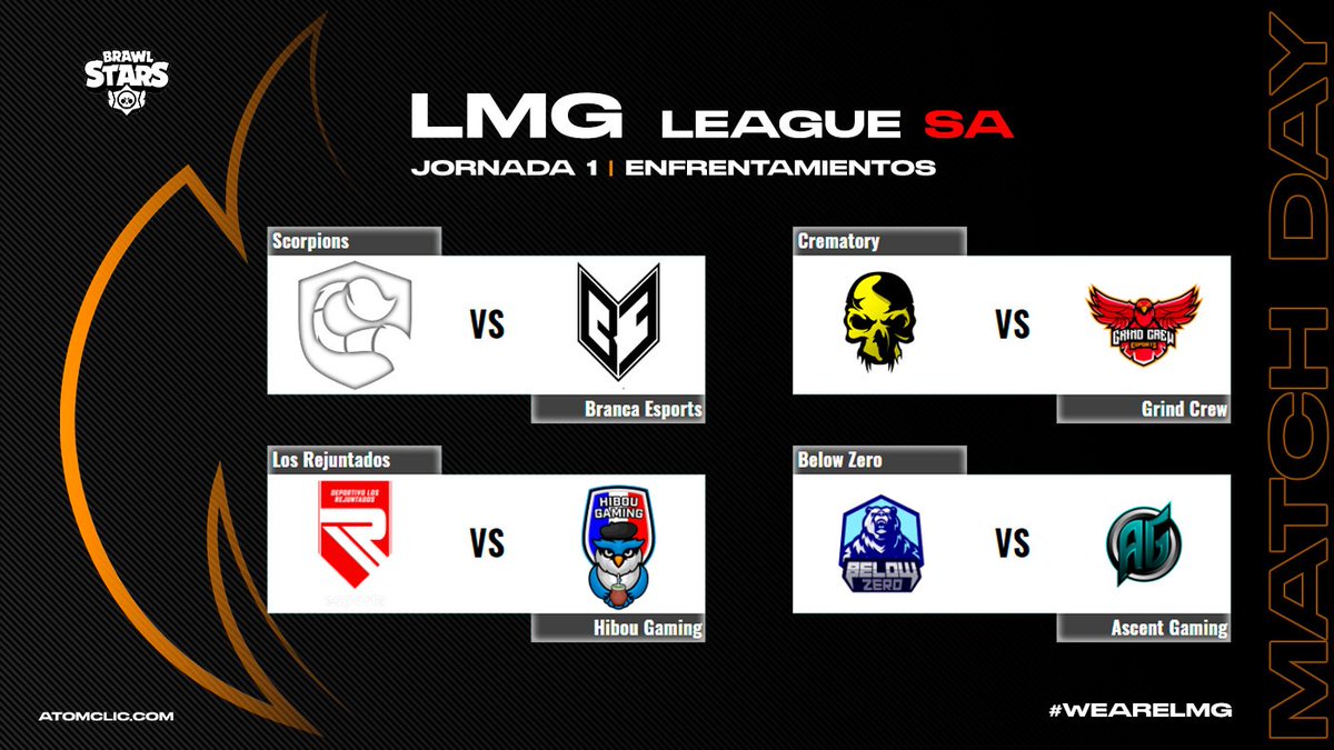 JORNADA 1 | #BrawlStars 

Llega la primera jornada de la región de Sudamérica.

☆ <a href="/ScorpionsGG/">Scorpions™</a> vs <a href="/BRC_eSportsGG/">Branca Esports🇦🇷</a> 
☆ <a href="/TeamCrematory/">Crematory Esports ☠️</a> vs <a href="/GrindCrew_GG/">Grind Crew eSports</a> 
☆ <a href="/LosRejuEsports/">Los Rejuntados Esports</a> vs <a href="/Hibou_GG/">Hibou🦉❤️</a> 
☆ <a href="/BelowZero_BS/">Below Zero❄</a> vs <a href="/AscentGamingOK/">Ascent Gaming</a>