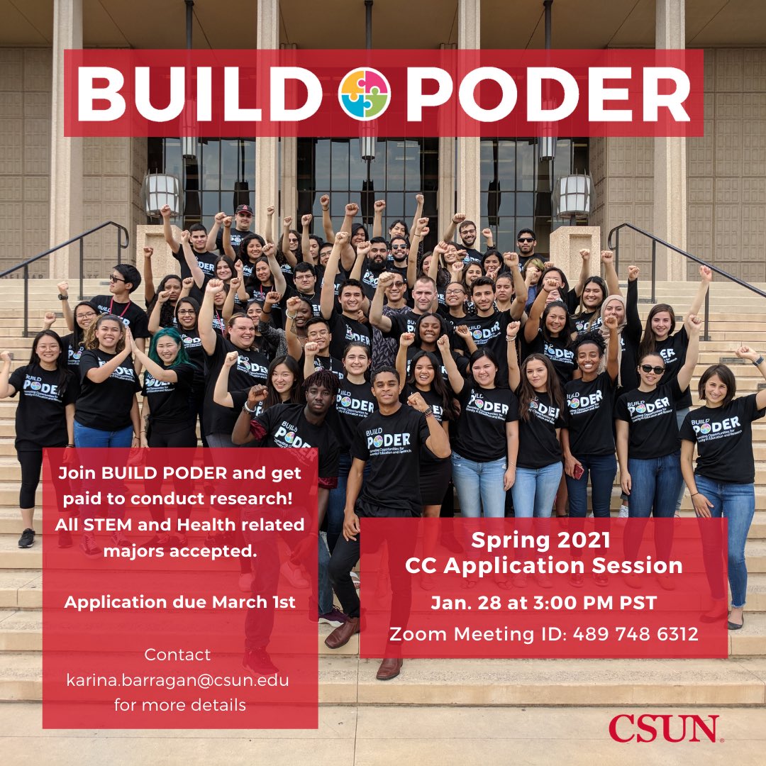 BUILD_PODER's tweet photo. As a reminder, we will be hosting application sessions on Zoom tomorrow for both CSUN students and community college students.
CSUN Zoom @ 2:00 p.m.
Meeting ID: 853 1327 3367
Passcode: 274675
Community college Zoom @ 3:00 p.m.
Meeting ID: 489 748 6312 https://t.co/4yRTqkFRUM