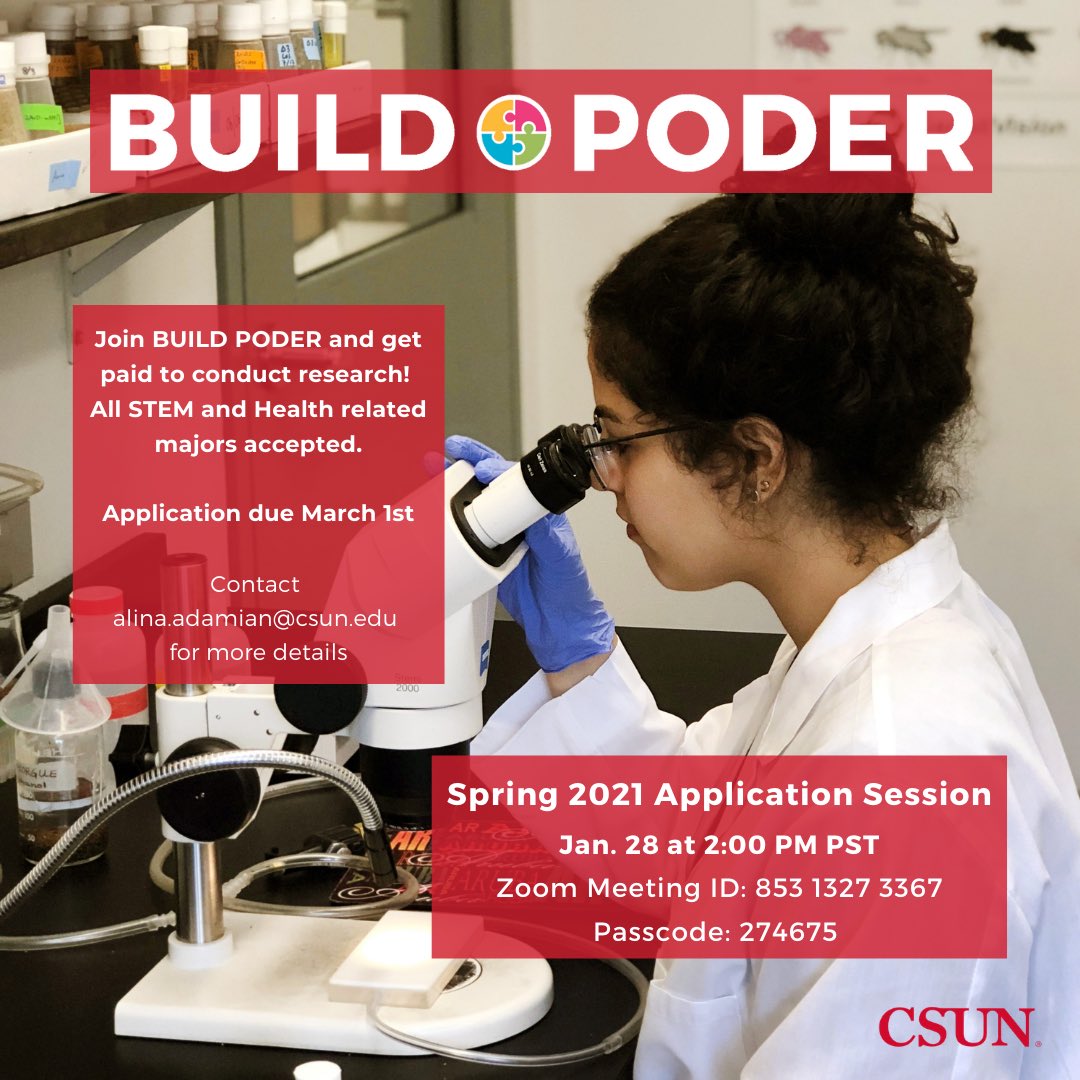 BUILD_PODER's tweet photo. As a reminder, we will be hosting application sessions on Zoom tomorrow for both CSUN students and community college students.
CSUN Zoom @ 2:00 p.m.
Meeting ID: 853 1327 3367
Passcode: 274675
Community college Zoom @ 3:00 p.m.
Meeting ID: 489 748 6312 https://t.co/4yRTqkFRUM