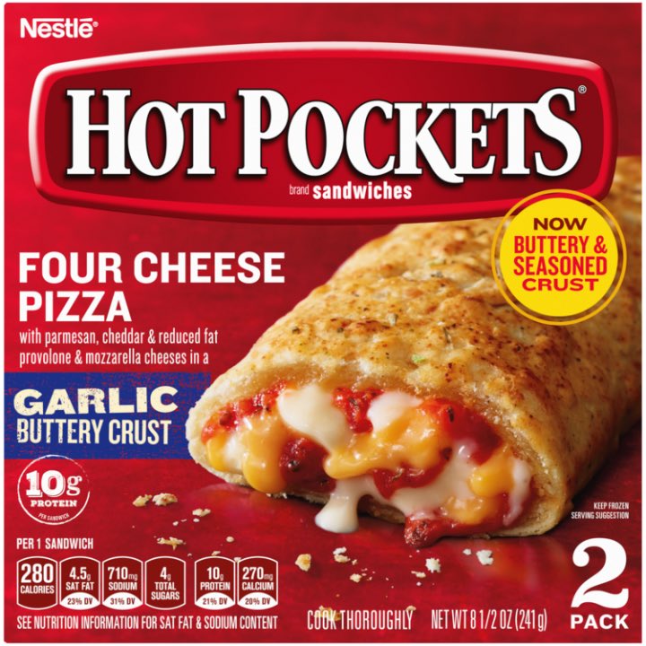  hot pockets SO UNHEALTHY I KNOW — but the cheese ones specifically are *under* 300 calories each and they’re perfect if you’re craving something that doesn’t taste like anorexia. Also, I’d try the breakfast ones but I don’t eat bacon/pork. Some1 review them 4 me?