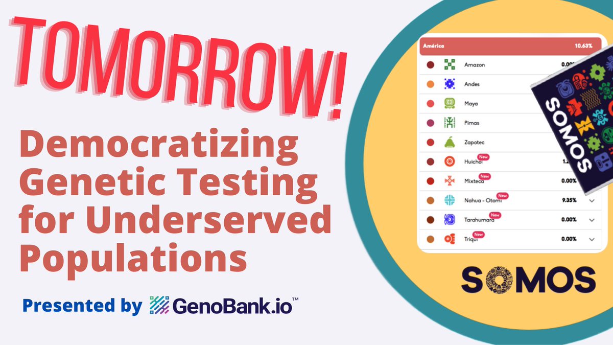genobank_io's tweet photo. Tomorrow is the big day! Join us and @SomosAncestria for our webinar "Democratizing Genetic Testing for Underserved Populations" to learn more about the limitations of current DNA testing, inequalities in science, and more! Sign up here: https://t.co/8YPqw5OoXW https://t.co/eE030vQBQg