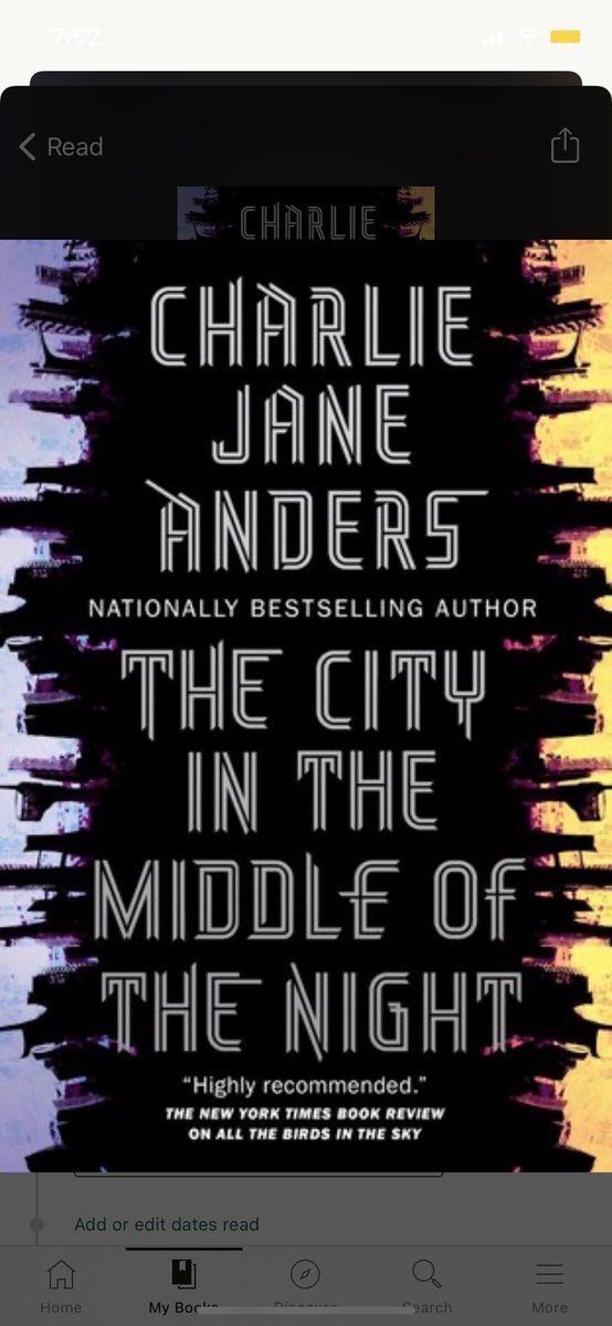 15/2021 CITY IN THE MIDDLE OF THE NIGHT  #caitreadsAnders writes such delightfully weird books. If you like weird, sci fi ish, interesting world building...you’ll enjoy.