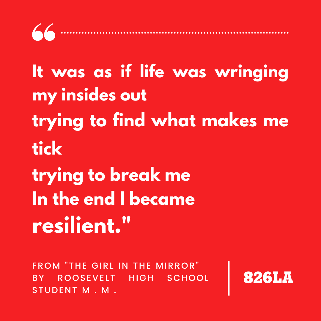 826LA's tweet photo. #StudentWritingWednesday Expressing #resilience through poetry✍️ From “Time To Heal”, a book written by the Ethnic Studies class of Roosevelt High School in collaboration with 826LA🔖 https://t.co/79FSe4MN6J