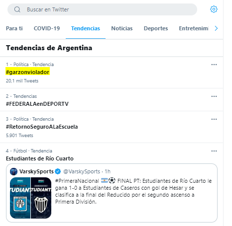 #GarzónViolador es primera tendencia en Argentina para exigir justicia por la joven venezolana de 18 años que fue abusada sexualmente.

El agresor fue liberado a las 48 horas por una jueza, a pesar de haber sido detenido prácticamente en flagrancia.