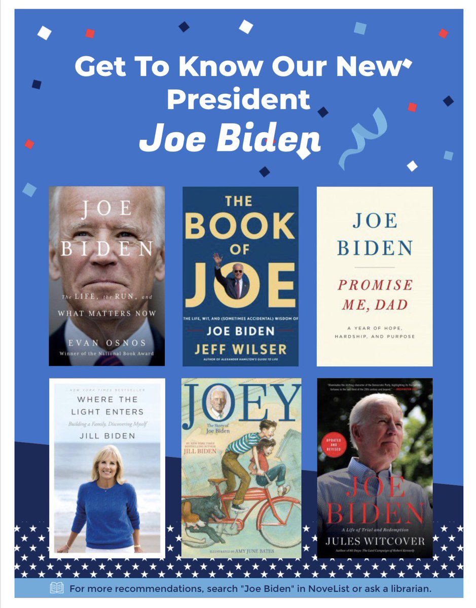 rvcpl's tweet photo. Check out these titles and get to know President Joe Biden!📚🇺🇸

#rvclibrary #PresidentBiden #JoeBiden #President #LibraryAware https://t.co/xyCRLmt4dA