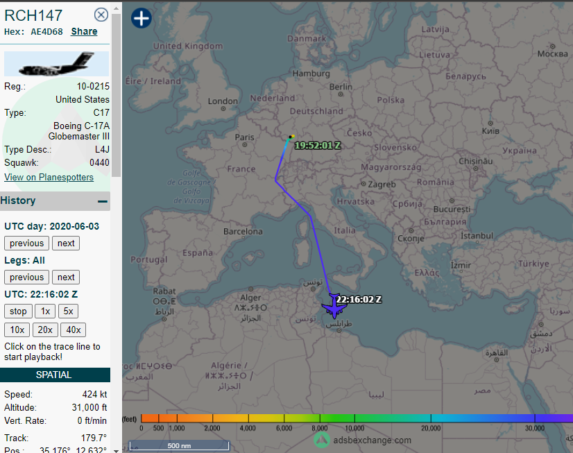 What I discovered after the post back in June was that I had posted the data on the 2nd of 2 trips made by C-17A 10-0215  #AE4D68. It's first flight to Libya was actually on the 3rd of June and stayed overnight, returning to Ramstein on the 4th of June.5/