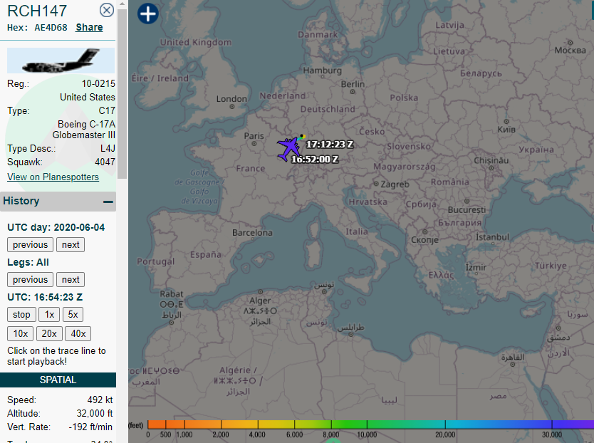 What I discovered after the post back in June was that I had posted the data on the 2nd of 2 trips made by C-17A 10-0215  #AE4D68. It's first flight to Libya was actually on the 3rd of June and stayed overnight, returning to Ramstein on the 4th of June.5/