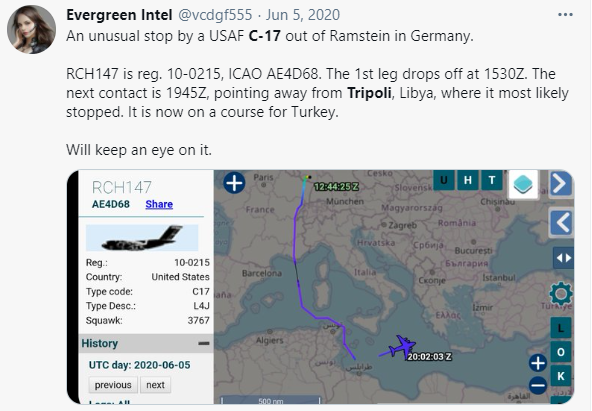 The article above tells how a USAF C-17 transported the system out of Tripoli, Libya & flew it to Ramstein. This particular flight description matches what I made a thread about in regards to the June 5th flight of USAF C-17A 10-0215  #AE4D68 using callsign RCH147 to Libya.3/