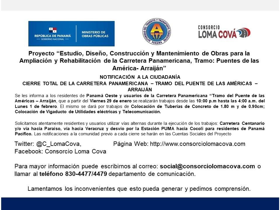 tvnnoticias's tweet photo. La @ATTTPanama reitera del cierre total de la carretera Panamericana, tramo del Puente de Las Américas - Arraiján. #NoticiasTVN https://t.co/8n456Um7KV
