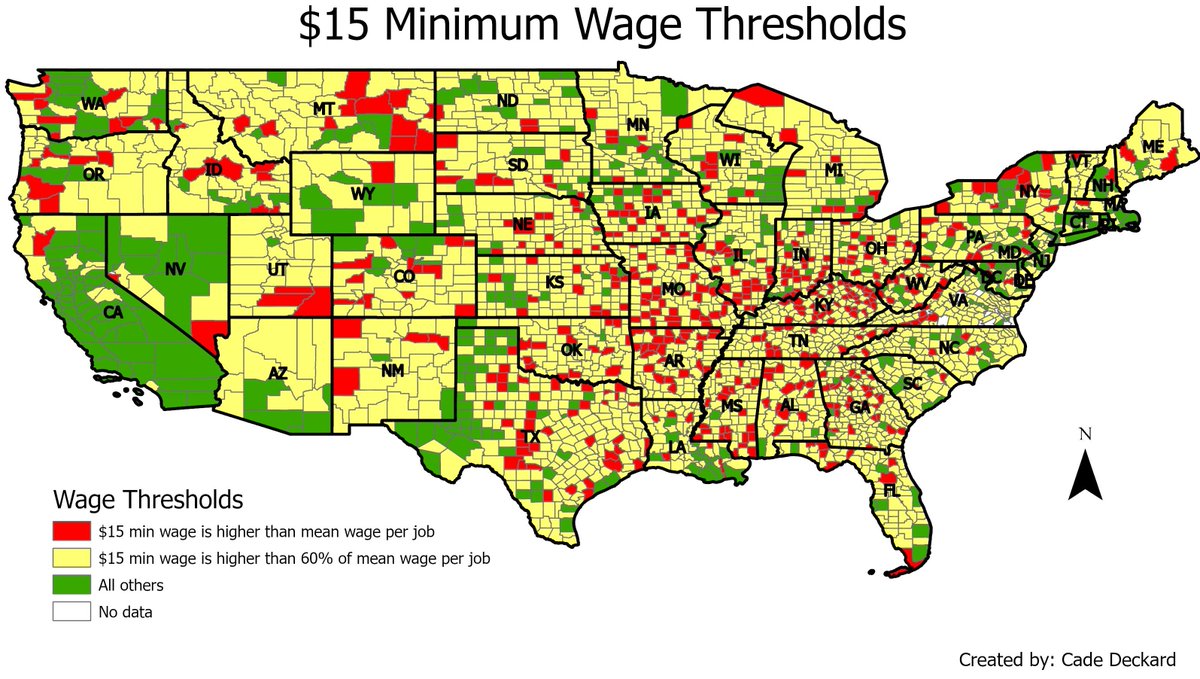1/n My modest contribution to the  #econtwitter minimum wage discussion. I wanted to see where potential employment effects might occur, and used the 60% threshold that  @arindube QJE, 2019 paper suggests. So this is a map of the average wage per job at the county level.