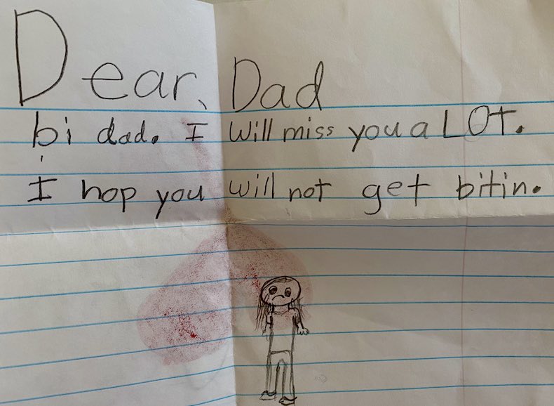 CraigAWelch's tweet image. Found today.

From when my daughter was about five. I was headed for @NatGeo to Antarctica. We planned to snorkel. She worried about leopard sharks.

No one got “bitin.”
#onassignment #journalismproblems