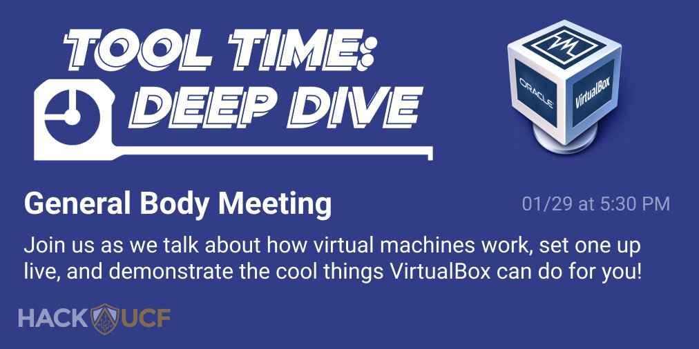 HackUCF's tweet image. Join us this week as Jeffrey, Daniel, and Ryan present a deep-dive into virtual machines! Be sure to come with VirtualBox and a Ubuntu ISO handy to follow along!
We'll also be voting to approve this semester's budget.