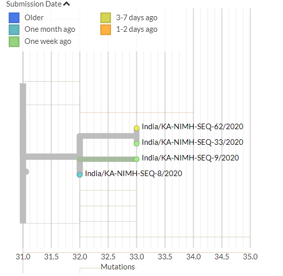 India has 3 new sequences (yellow). These connect to older sequences, which may indicate local transmission or a common exposure source.11/18