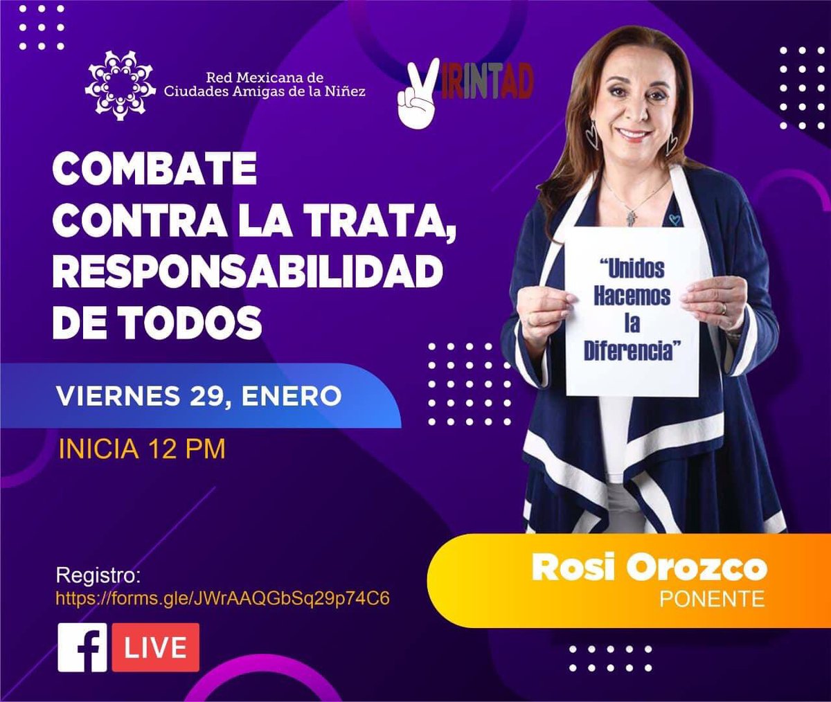 La Red Mexicana de Ciudades Amigas de la Niñez en coordinación con el Consejo VIRINTAD, los invita a la plática Combate Contra la Trata, Responsabilidad de Todos, que tendrá verificativo este viernes 29 de enero a las 12:00 pm, horario de la CDMX.#ElFuturoDeLaNiñezSiempreEsHoy