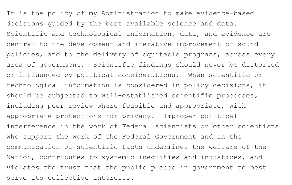 Preamble promises administration will use "best available" science and says "Scientific findings should never be distorted or influenced by political considerations.