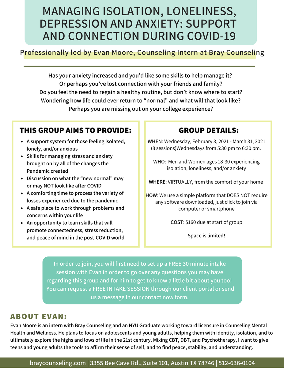 Are you struggling more because of COVID? You're not alone! Join us for a virtual group led by Evan Moore, to talk about managing isolation, depression and anxiety during COVID. Learn more here: