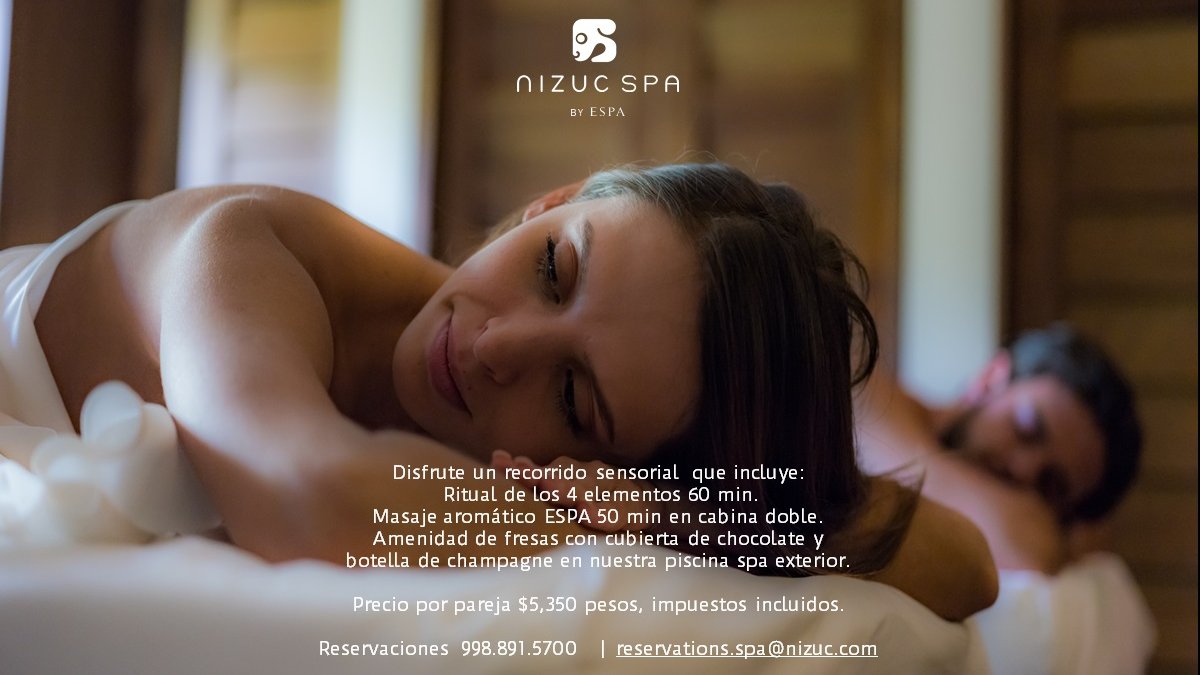 La escapada romántica perfecta con un ritual de relajación y exclusividad en <a href="/NIZUCSPABYESPA/">NIZUC SPA BY ESPA</a>
*Promoción válida al presentar una identificación oficial como residente. Disponible de Feb 1-28, 2021.
Para más información 📞 891-5700 | reservations.spa@nizuc.com