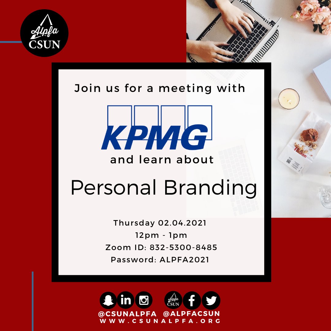 alpfacsun's tweet photo. Interested in learning about KPMG or how to stand out in the recruiting process? Join our meeting with KPMG on the topic of personal branding from 12pm to 1pm on February 4th. #csun #csunalpfa #ALPFA #ALPFAmilia https://t.co/MGOISJBGsD