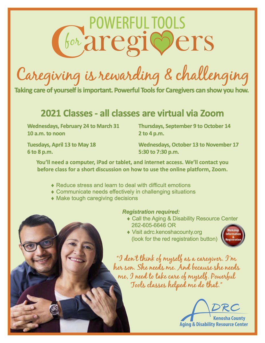 Registration for the Kenosha County Aging &amp; Disability Resource Center's next Powerful Tools for Caregivers is open through Feb. 19. Held each Wednesday Feb. 24-March 31, this course teaches skills for how to care for yourself while caring for a loved one. ow.ly/WUA450Dk5TK