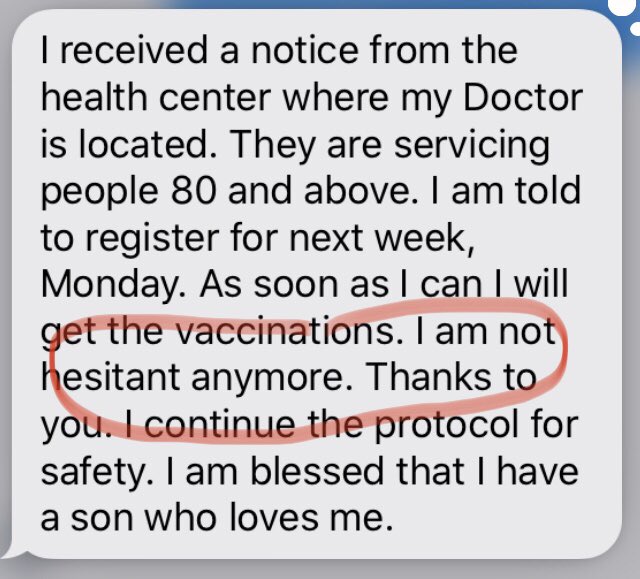DrQuinnCapers4's tweet photo. Keep pushing everybody! Winning the battle with #vaccinehesitancy in communities of color (even in our own families) will take all of us. 

Below is a note from #Momma (shared with her permission; she said to tell y’all Hi!) https://t.co/jqjwrLlH7X