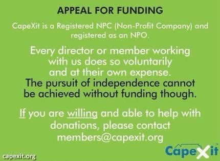 capexitofficial's tweet photo. It is not something we like doing but the situation in SA dictates differently. If you can assist it will be appreciated. @capexitofficial  #capexit #capexitofficial #capexitrsa #funding #fundingthecause #helpusout #makeithappen #register #donate #independence #anythingwillhelp https://t.co/zjuyg9YXAE