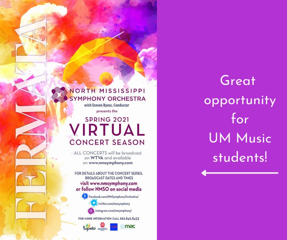 OleMissMusic's tweet photo. UM Music is thrilled to collaborate this week with the North MS Symphony Orch! NMSO will record a concert to a closed audience of music students to air on WTVA, and Maestro Steven Byess, will engage music students in a zoom conversation this Thursday. #ummusic #opportunity #nmso https://t.co/BB8lEuzrns