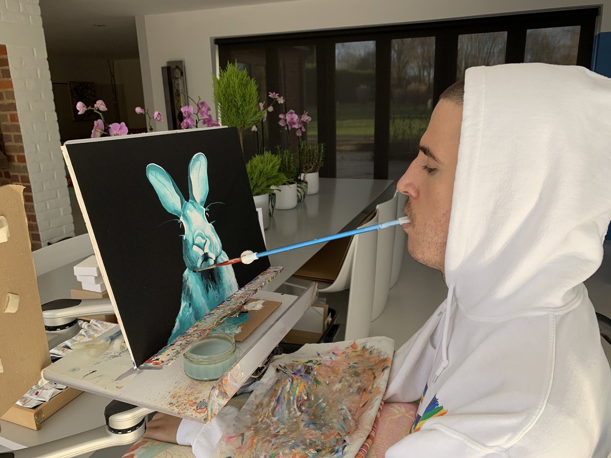 My mouth painting - Turquoise Rabbit. I am only able to paint by holding the brush in my mouth.