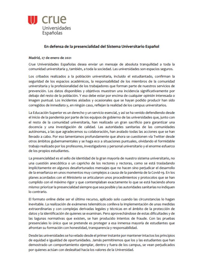 CrueUniversidad's tweet photo. 🔴 La presencialidad es sello de identidad de nuestra Universidad, no un capricho
➡️Trabajamos para que esta generación se sienta orgullosa de su formación
➡️Las universidades son espacios seguros
➡️Actuaciones avaladas por las CCAA
https://t.co/6vuE3FIEsW
#EstoEsUniversidad https://t.co/yec0tYYnH0