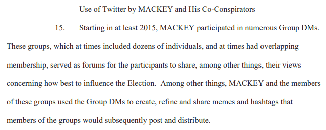 Just a bit more detail on the DM chatrooms. "numerous Group DMs", "at times included dozens of individuals, and at times had overlapping membership."