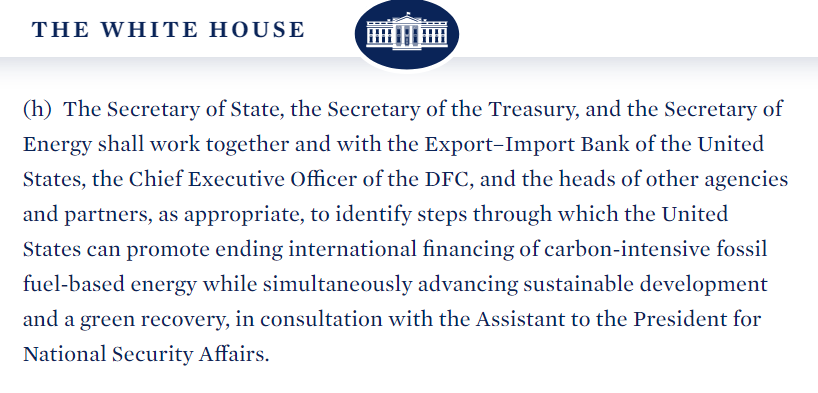 Update - the text of the EO is out. It's a very good start. Biden Admin will need to be crystal clear that oil, coal, AND gas are out if they want this move to really make a dent, in line with Kerry's comments today that gas is not a bridge fuel.