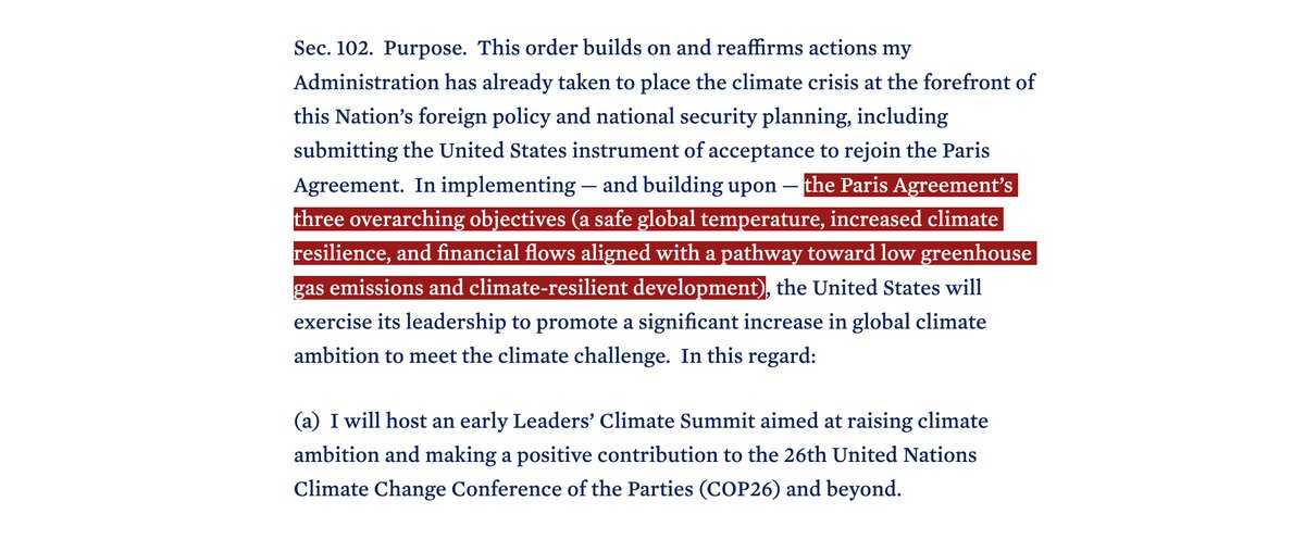 All this is guided by the 3 goals of the Paris Agreement: safe global temperature; increased climate resilience; & financial flows aligned with a pathway toward low greenhouse gas emissions and climate‑resilient development. Biden's team seems to be serious about climate! 4/4