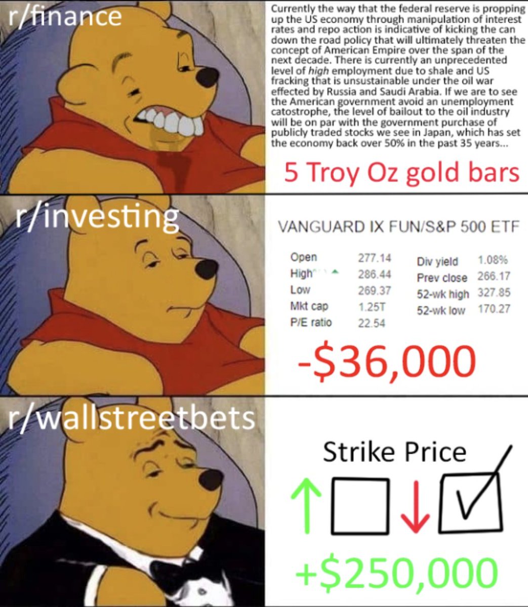 This meme is used to explain WSB to newcomers and encourage people to explore options trading most likely without fully understanding it.