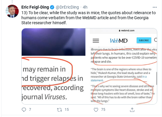 Top of thread: "REPLAPSE". Gets ~4000 retweets. Thirteen tweets later... "To be clear." "In mice." WebMD. 15 Retweets. Copy-paste from researcher—and even that's cherry-picked—not contextualization of findings or independent evaluation. No way to present a study or be informed.