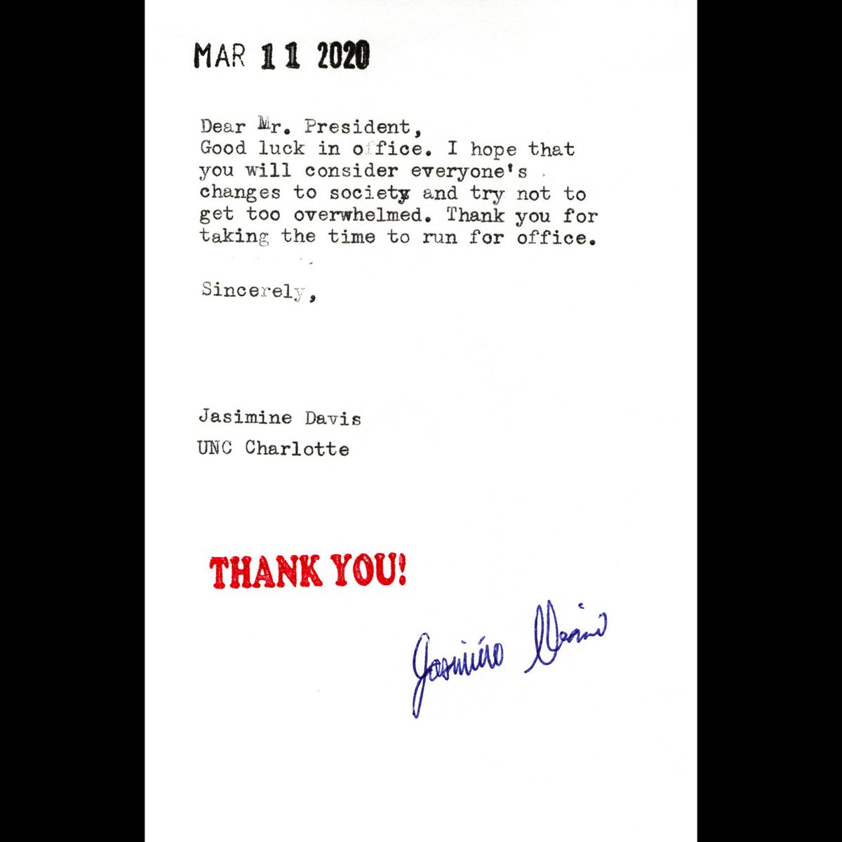 SherylOring's tweet photo. Today’s three cards typed during a performance at UNC Charlotte in 2020. During the first 100 days of the Biden presidency, I will be mailing each card from 2020 directly to the White House. @JoeBiden @KamalaHarris #iwishtosay #activatingdemocracy @POTUS https://t.co/8CUDu1U6gz