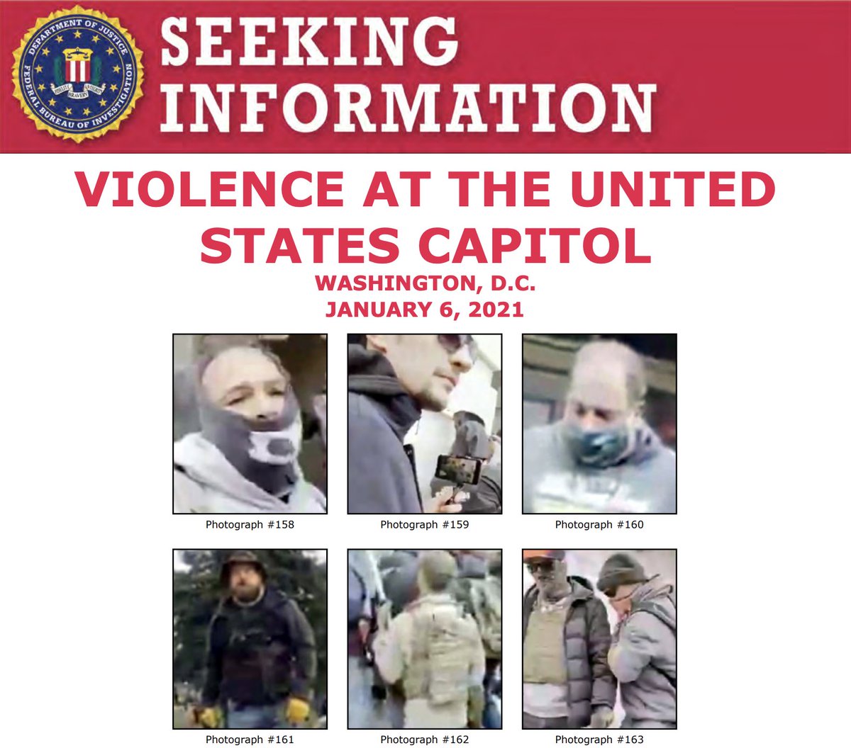 FBI seeking information poster for violence at the United States Capitol in Washington, D.C. on January 6th, 2021. Six photos of unidentified individuals. To download the poster, visit http://ow.ly/k1kG50Dk4N5