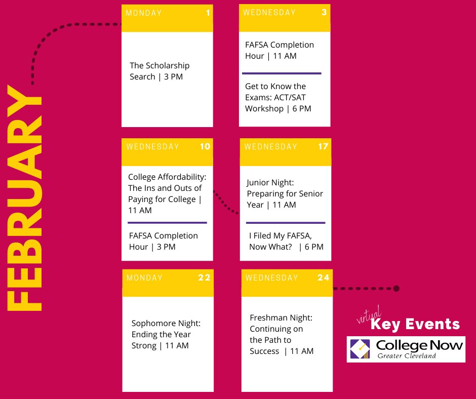 High school students are invited to join College Now in February for any FREE virtual Key Event! All events are designed to help student works toward their education and career goals. 

Students and their families can follow this link to sign up:  collegenowgc.org/news-and-event…