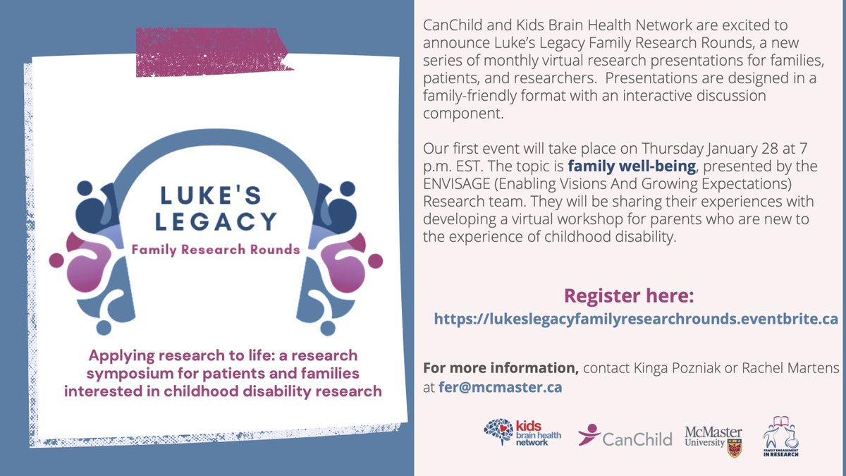KidsBrainHealth's tweet image. Just a reminder that tomorrow will be the 1st event of the Luke’s Legacy Family Research Rounds. Join for the topic of family well-being for the parents new to #childhooddisability. Come to this interactive discussion tomorrow at 4pm PST: ow.ly/3vOn50Dbz5a