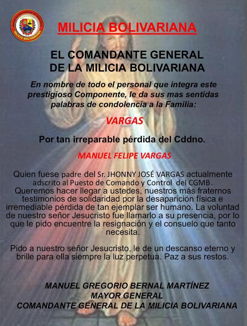 Milicia_ve's tweet photo. ⚫Nuestra @Milicia_B1 se une al duelo que embarga a la Familia Vargas y eleva sus Oraciones pidiendo a nuestro Señor JESUCRISTO, reciba en su reino al Cddno. Manuel Felipe Vargas. ¡Paz a sus restos! https://t.co/YTT0Kzh7WG