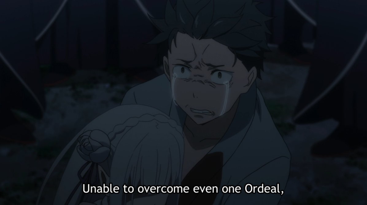 Let's rewind to Season 1 a bit! What's translated in S1 as "Ordeal" is actually the same word as Trial (試練 - "shiren"). Emilia in S1 WAS, at that point, in a state where she was "unable to overcome even one Trial". Then what of "confront one of the sins"?