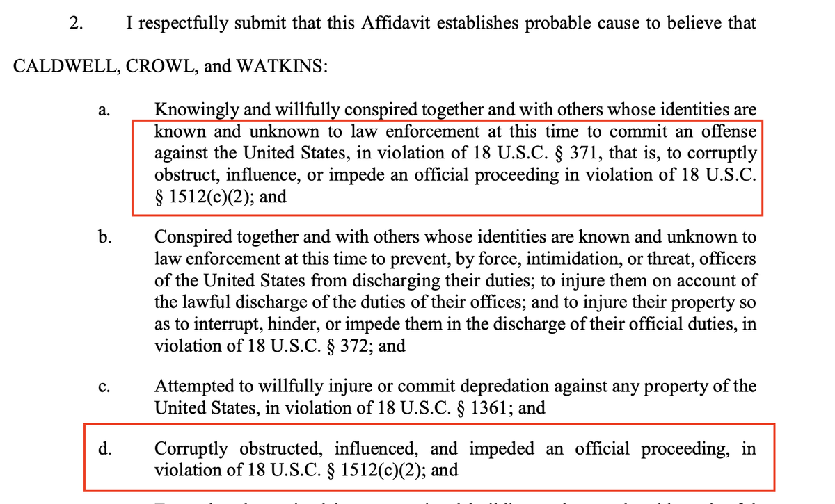 Note what's in the boxes: Conspiring together with multiple individuals to impede an official proceeding, namely, certifying President Joe Biden's election.So it's not just that they were there. Not just that they assaulted police. They *attacked democracy.* Gettin' there.