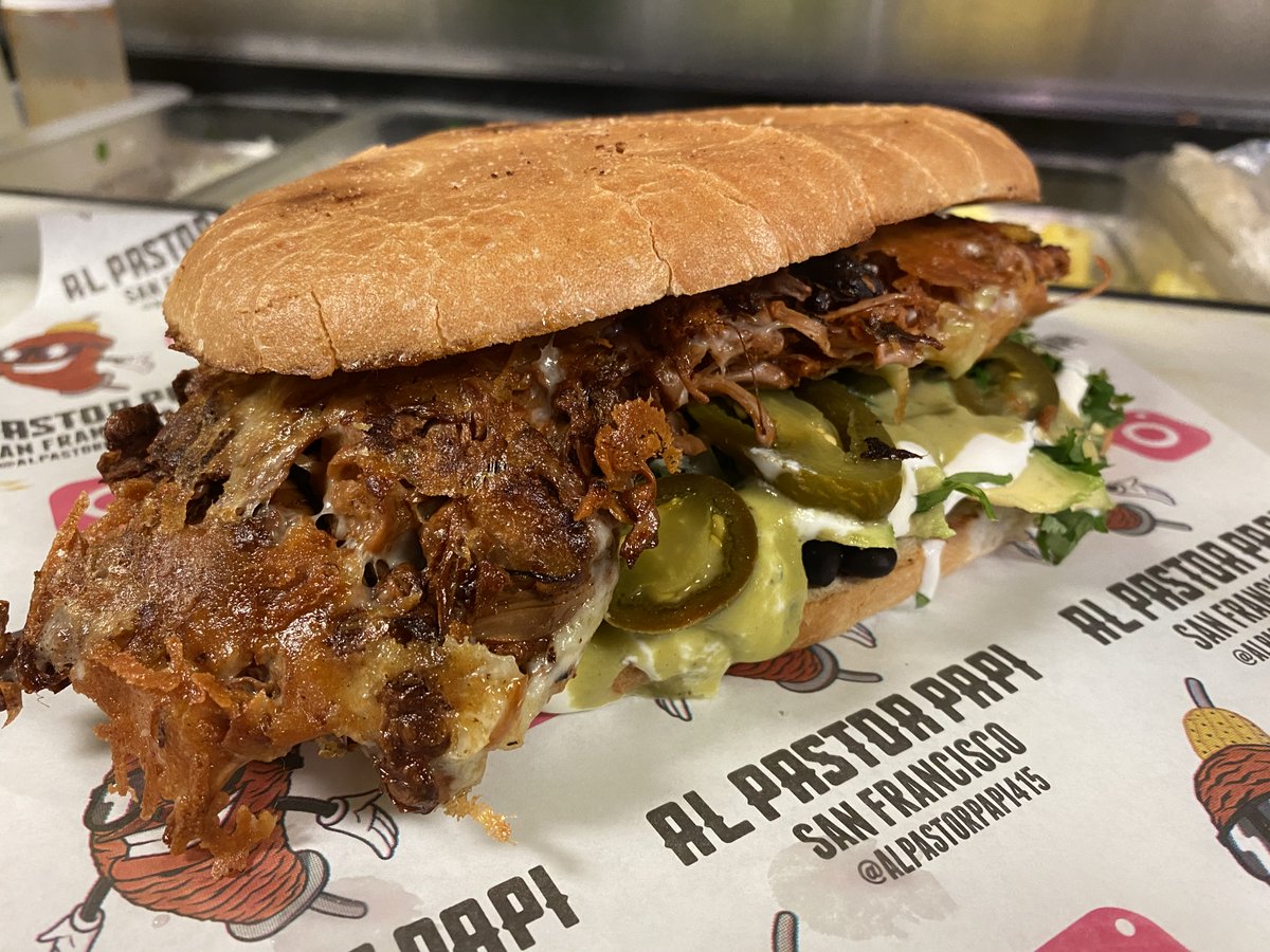 The #vegan #alpastor #torta with jackfruit, pineapple, vegan cheese, vegan crema, avo, jalapeños, salsa verde, and black beans
<a href="/alpastorpapi415/">ALPASTORPAPI415</a> knows the way to an herbivore's heart! 😍

Grab yours  at #veryvegansunday at #somastreatfoodpark
Deets:facebook.com/events/1085553…