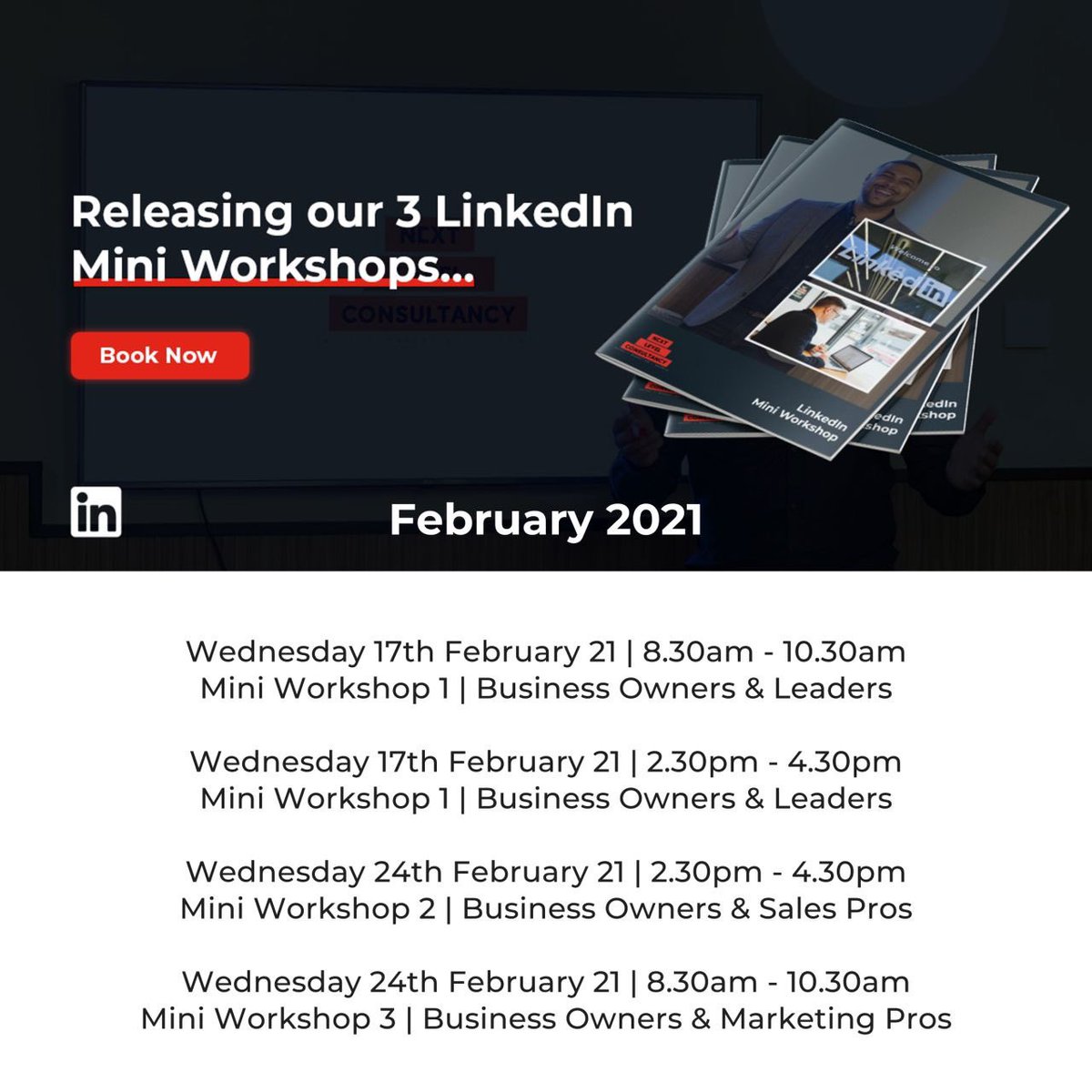 NL_Consultancy's tweet photo. We’re pleased to share our 3 #LinkedIn Mini #Workshops for Feb 2021... 🚀

You can book the relevant Workshop for you here:  https://t.co/Q1szhK0FTF 

#Sales + #Marketing = Growth 🔺

#NextLevel #Consultancy #BuildingBrands #SocialSelling #ContentCreation #MiniWorkshops #UK https://t.co/mfi6q1Afd3