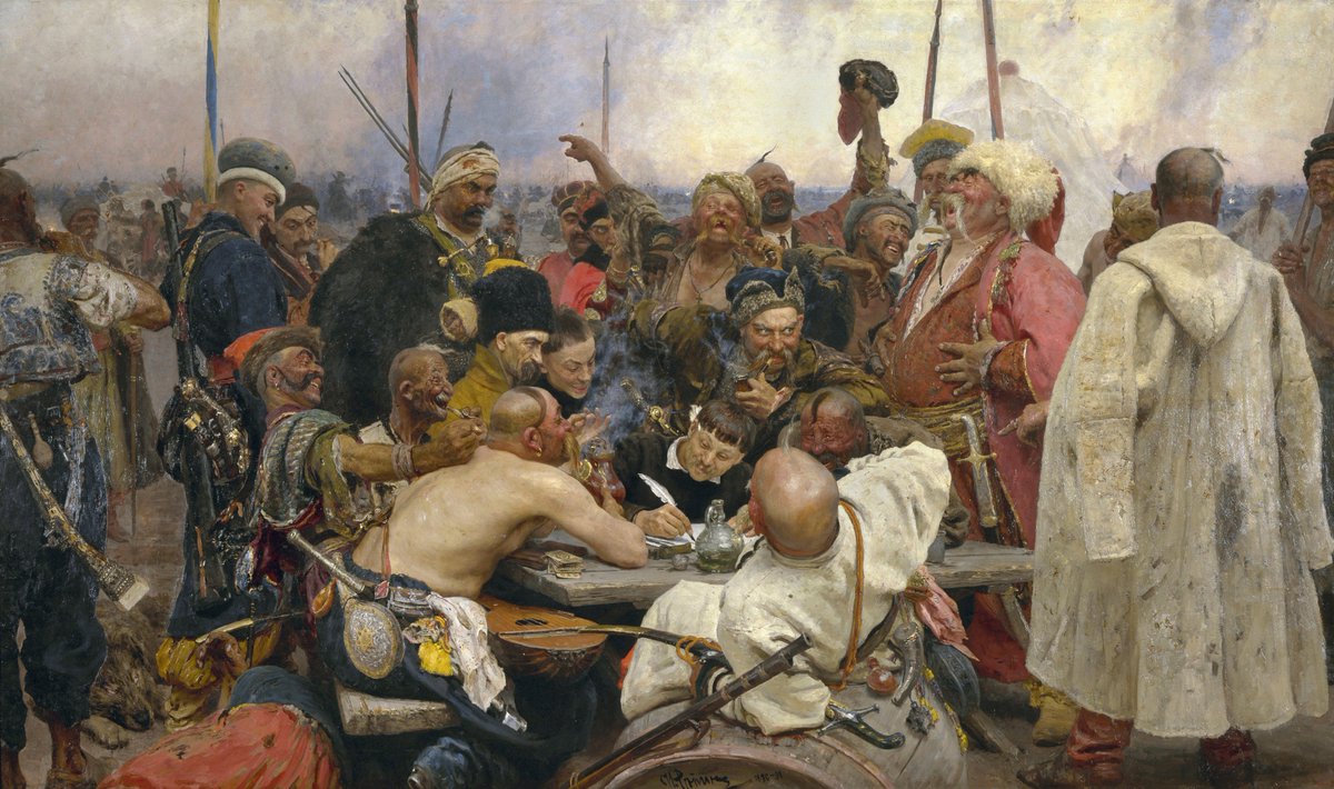 A mighty man, the Sultan, and not to be trifled with. Yet, the Cossacks--like the Redditors we have today, wrote a response. Ilya Repin imagined the drafting of that response in this delightful painting: