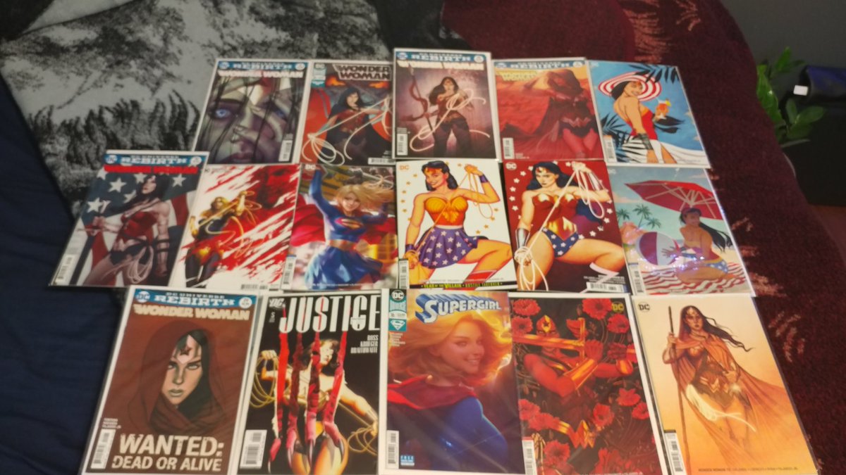 SwiftMoTV's tweet photo. Just came back from the comic book store. I'm not into comics BUT I am into comic book art. Specifically Wonder Woman and Jenny Frison art. I hit GOLD in the back issue boxes. All of this for 30$! https://t.co/WqF8Zq8Tdx