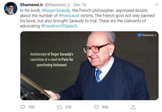 In addition, the twitter account of Khamenei's office has emphasized his support of Holucaust deniers, such as Roger Garaudy.