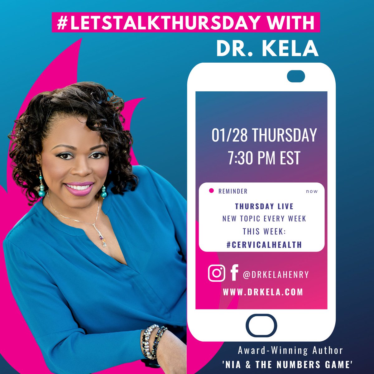 DrKelaHenry's tweet photo. #LetsTalkThursday Topics Announcement: 01/28/2021
Our topic for tomorrow is #cervicalhealth What should we know about cervical health and how to take care of it?
Tune in tomorrow at 7:30 PM (EST) on my Instagram &amp; Facebook page (@drkelahenry) https://t.co/KZ3CensqOr